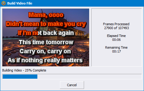 Building the video merges your karaoke track with the photo background.